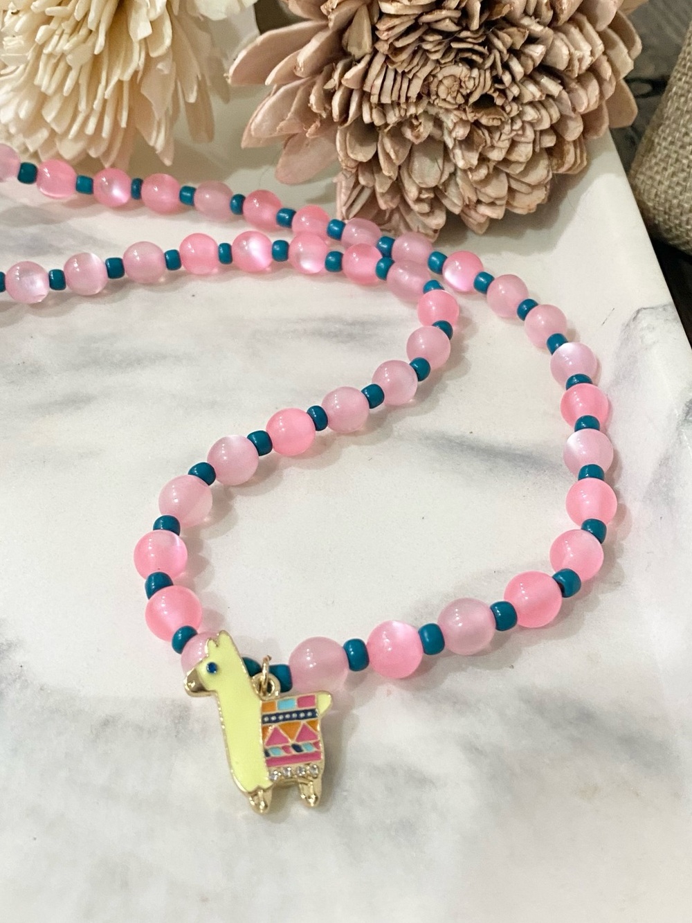 Colorful Bead Charm Necklace with Llama Pendant